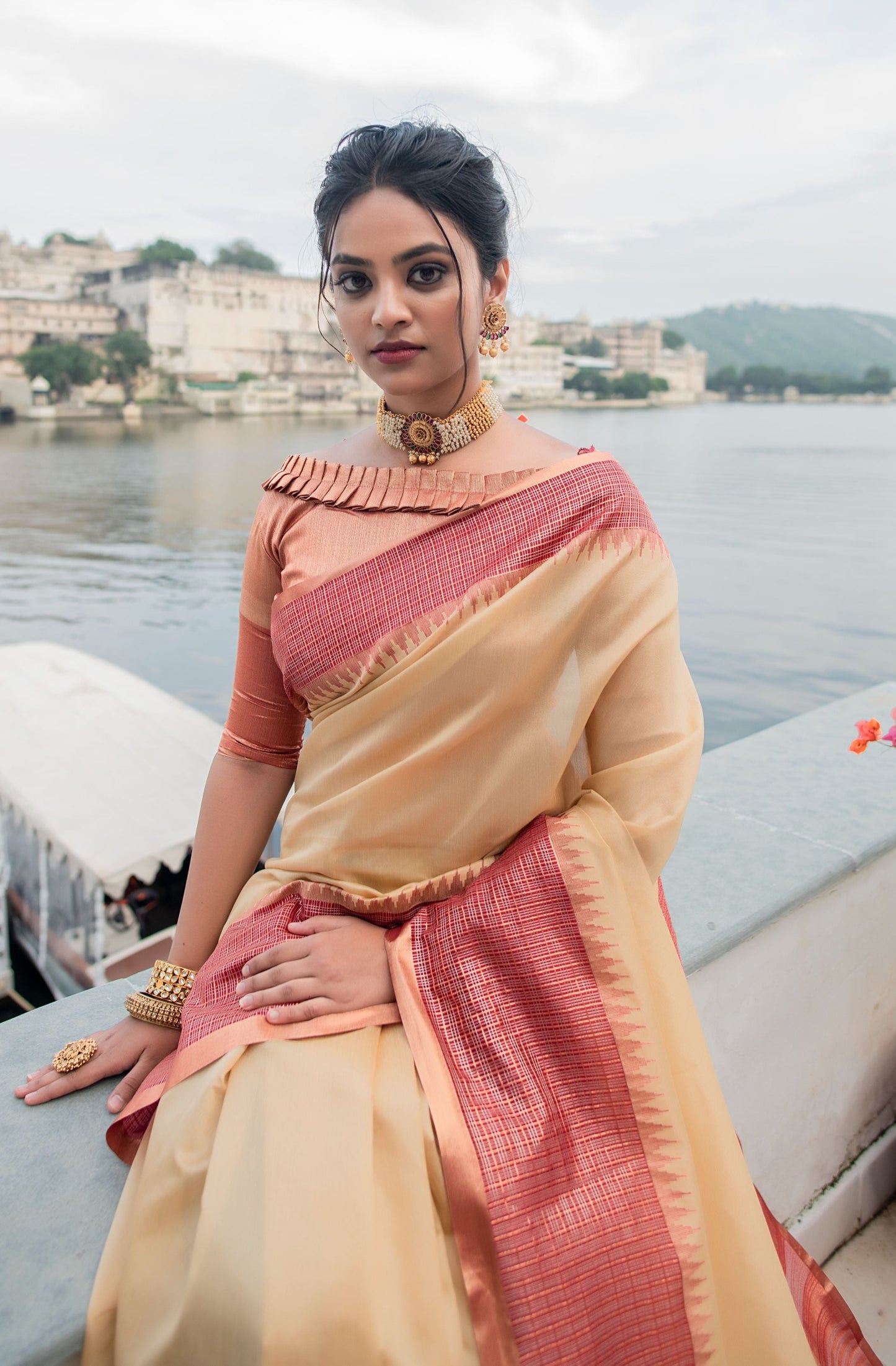 Cream Ikkat Silk Saree With Jhalar