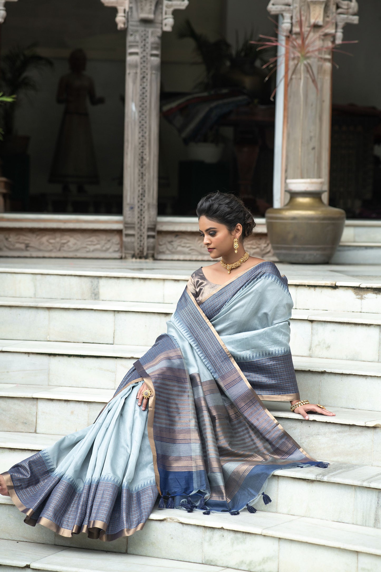 Grey Ikkat Silk Saree With Jhalar
