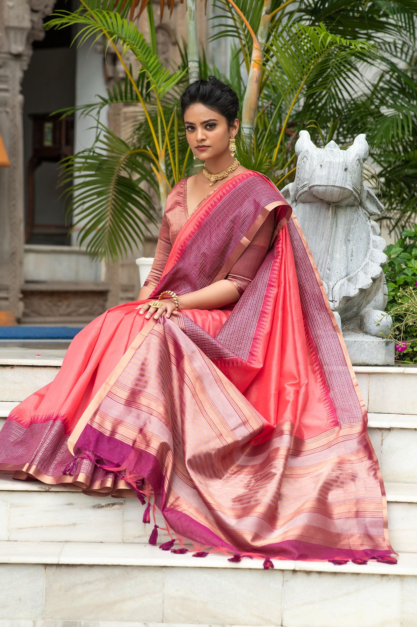 Pink Ikkat Silk Saree With Jhalar
