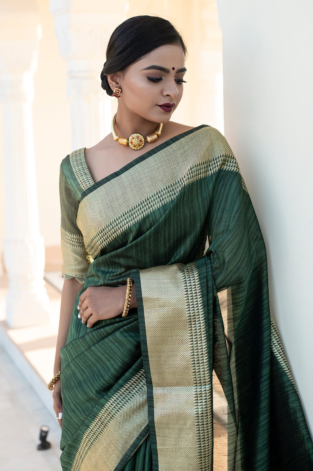 Green Tassar Silk Saree With Jhalar