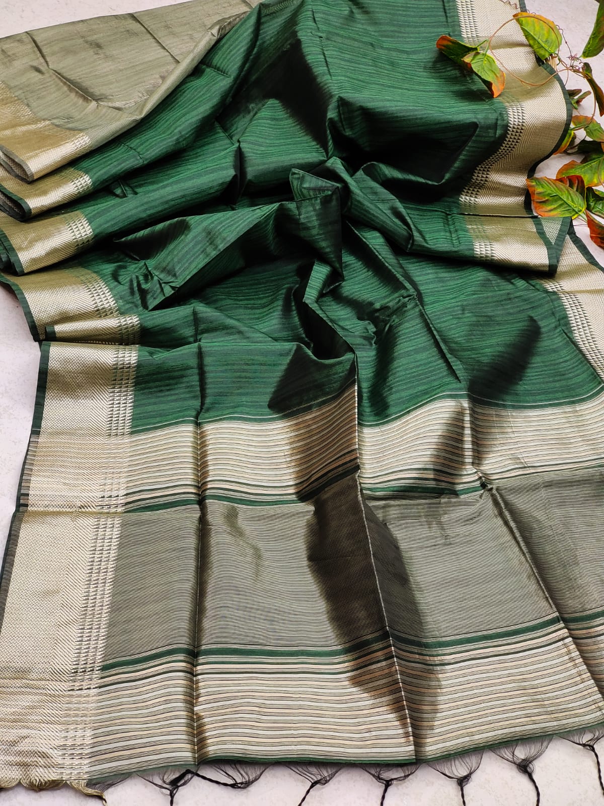 Green Tassar Silk Saree With Jhalar