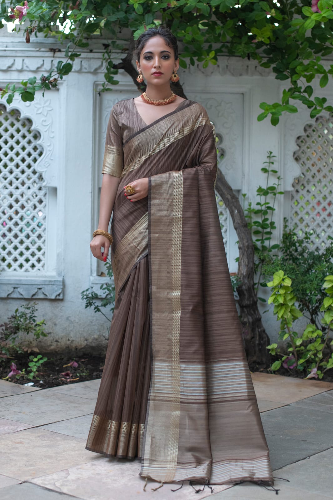 Coffee Tassar Silk Saree With Jhalar