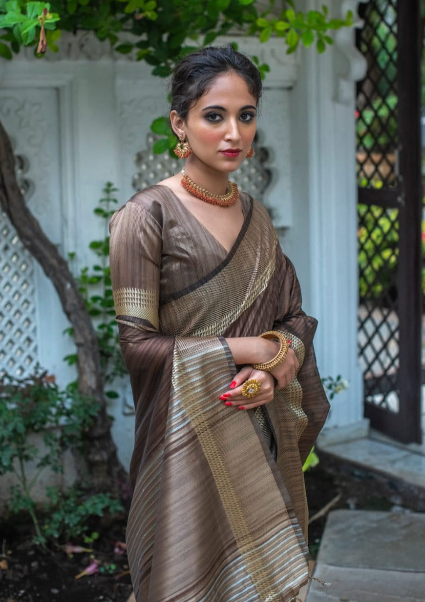 Coffee Tassar Silk Saree With Jhalar