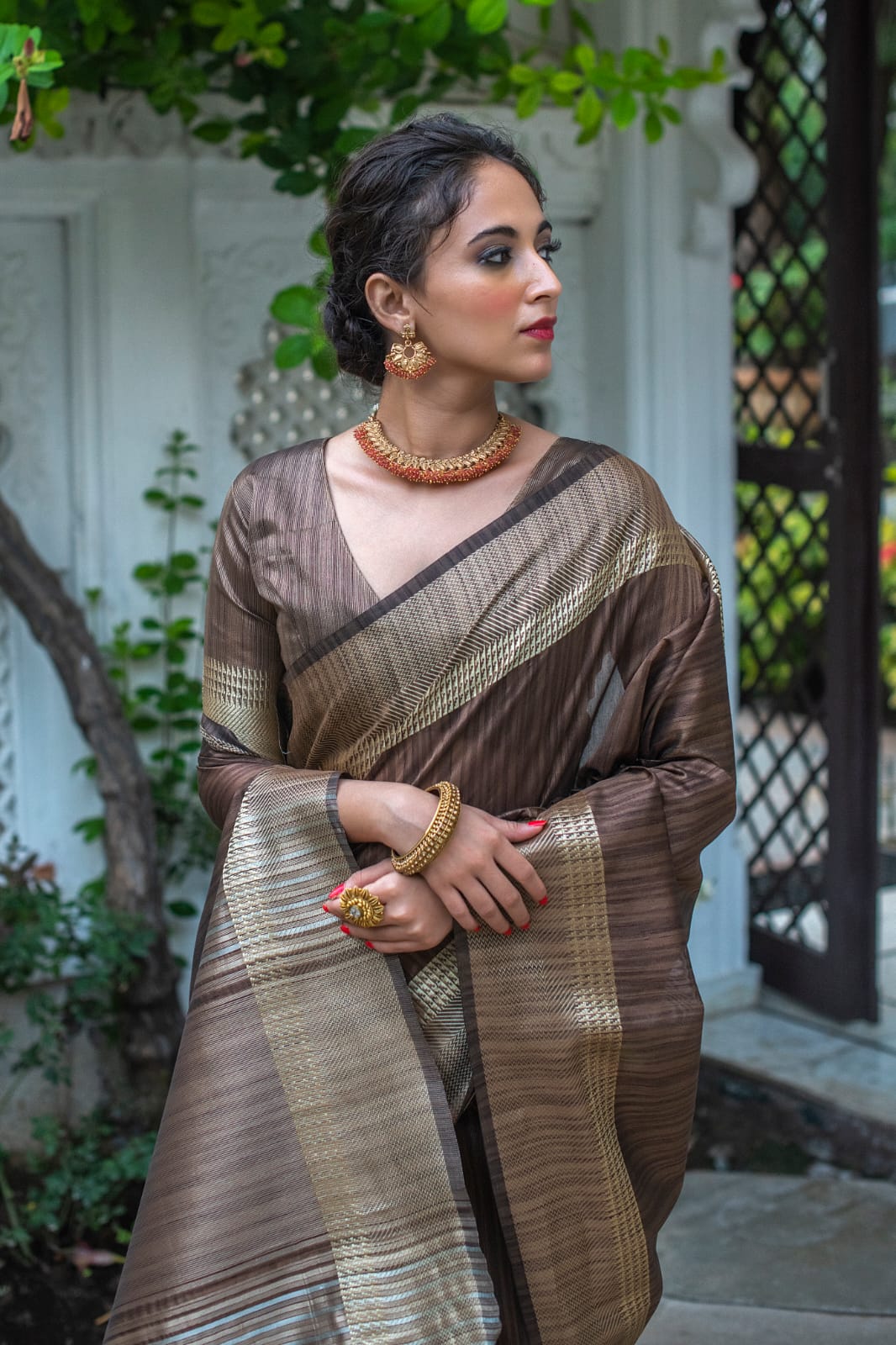 Coffee Tassar Silk Saree With Jhalar
