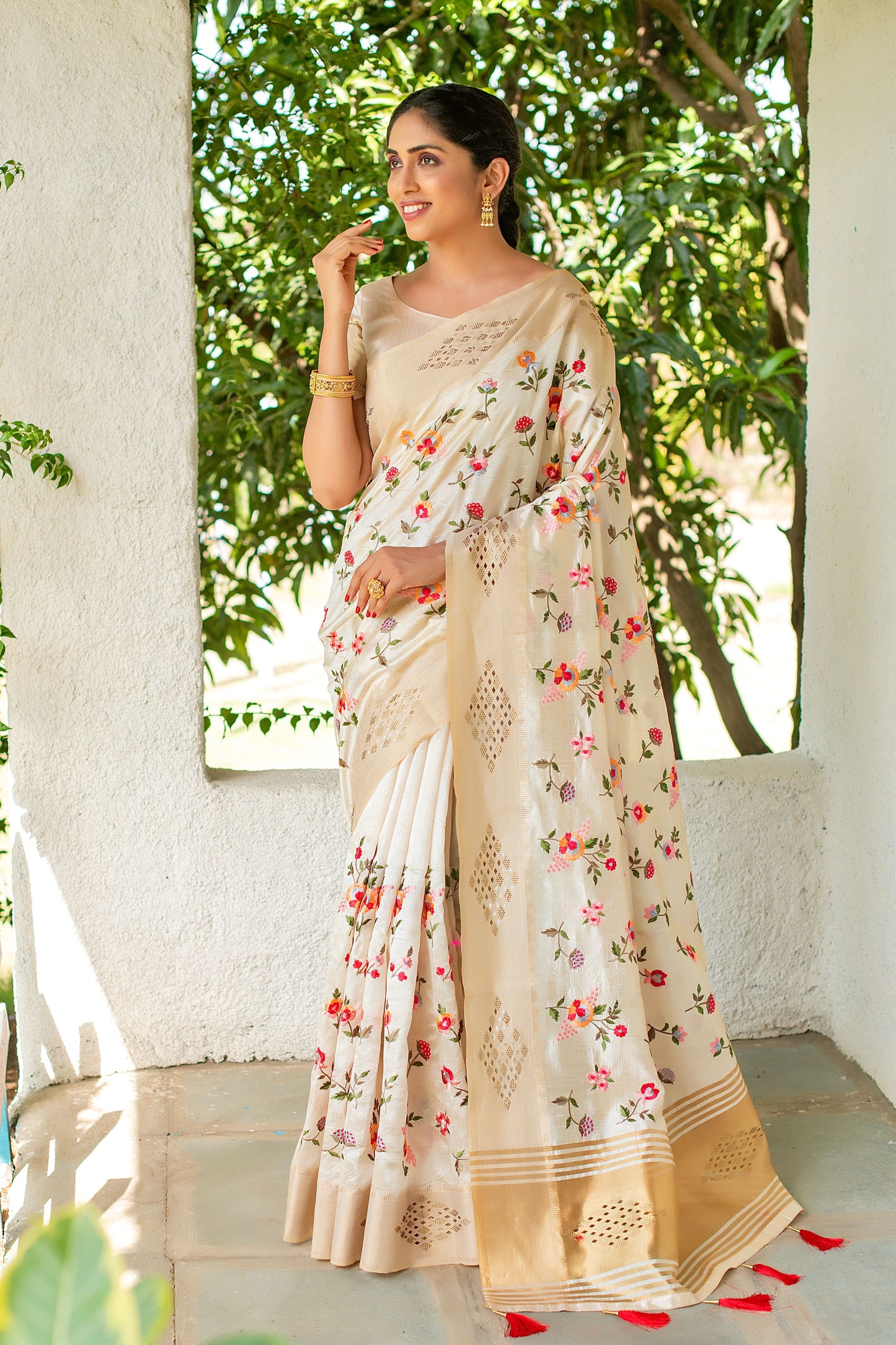 Cream Mysore Silk Saree With Swarovski Diamond