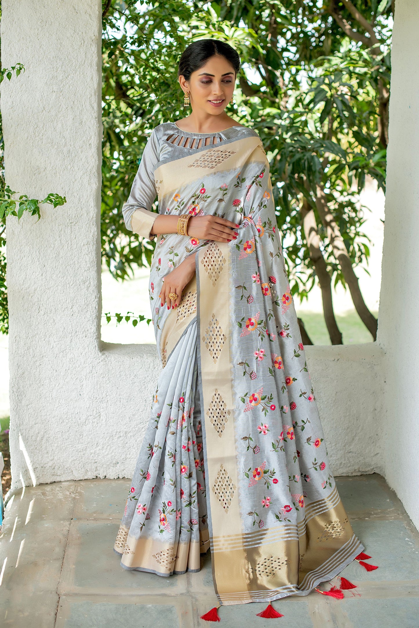 Grey Mysore Silk Saree With Swarovski Diamond