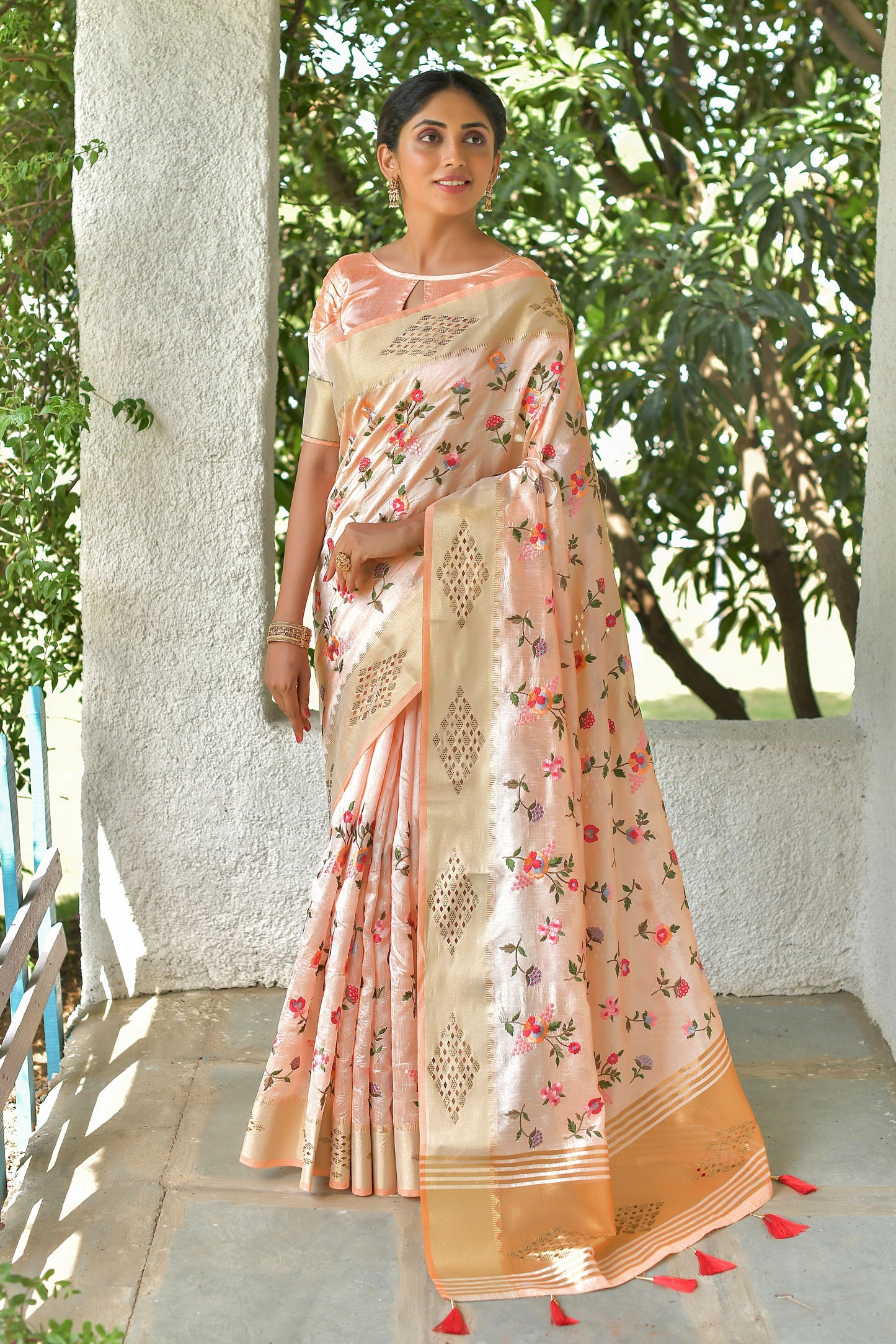 Peach Mysore Silk Saree With Swarovski Diamond