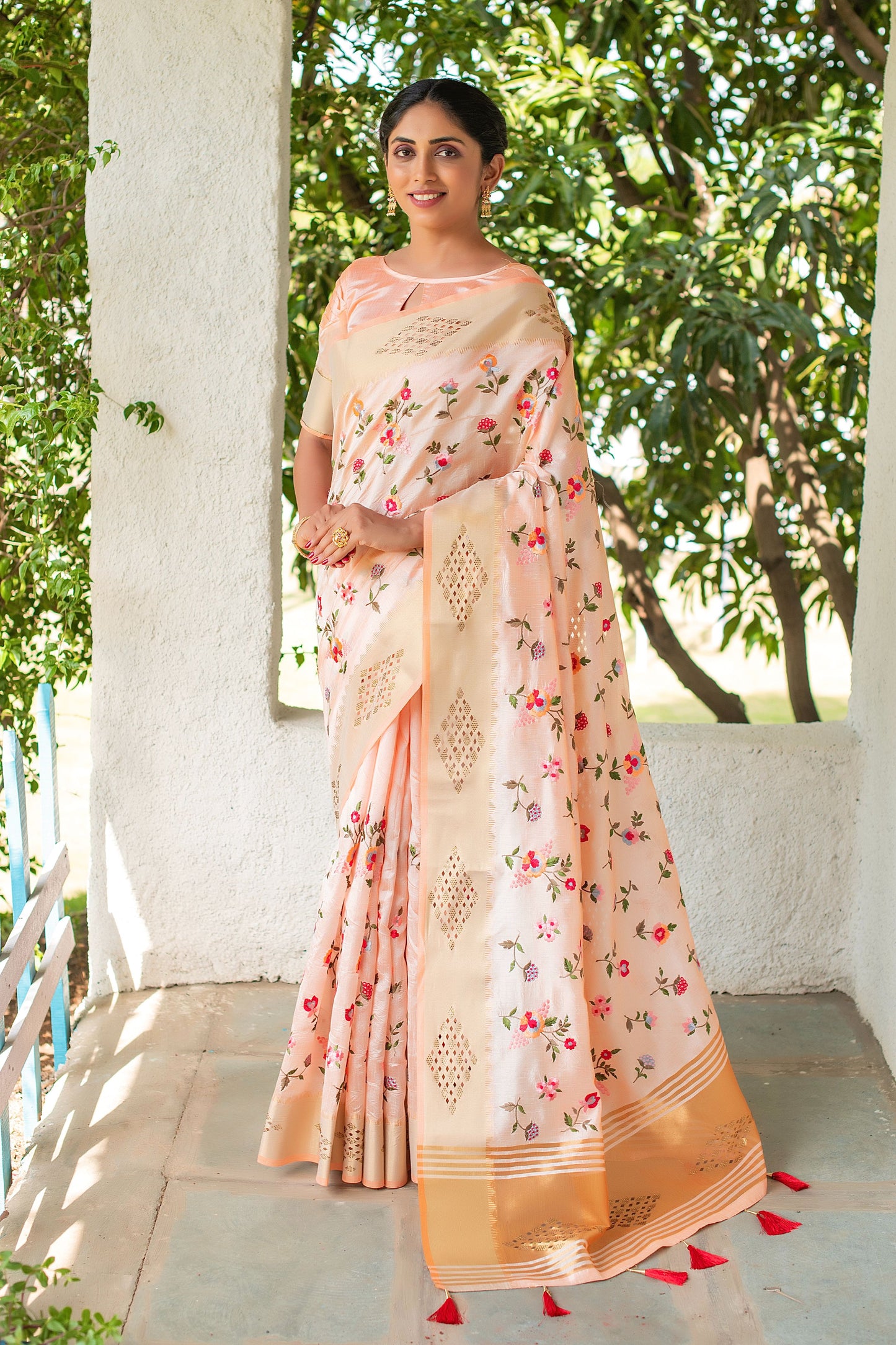 Peach Mysore Silk Saree With Swarovski Diamond