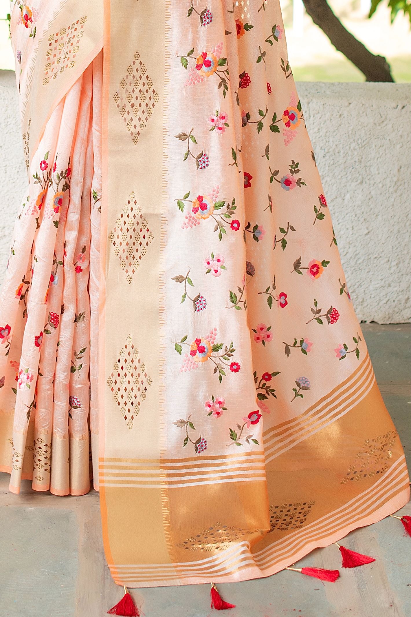 Peach Mysore Silk Saree With Swarovski Diamond