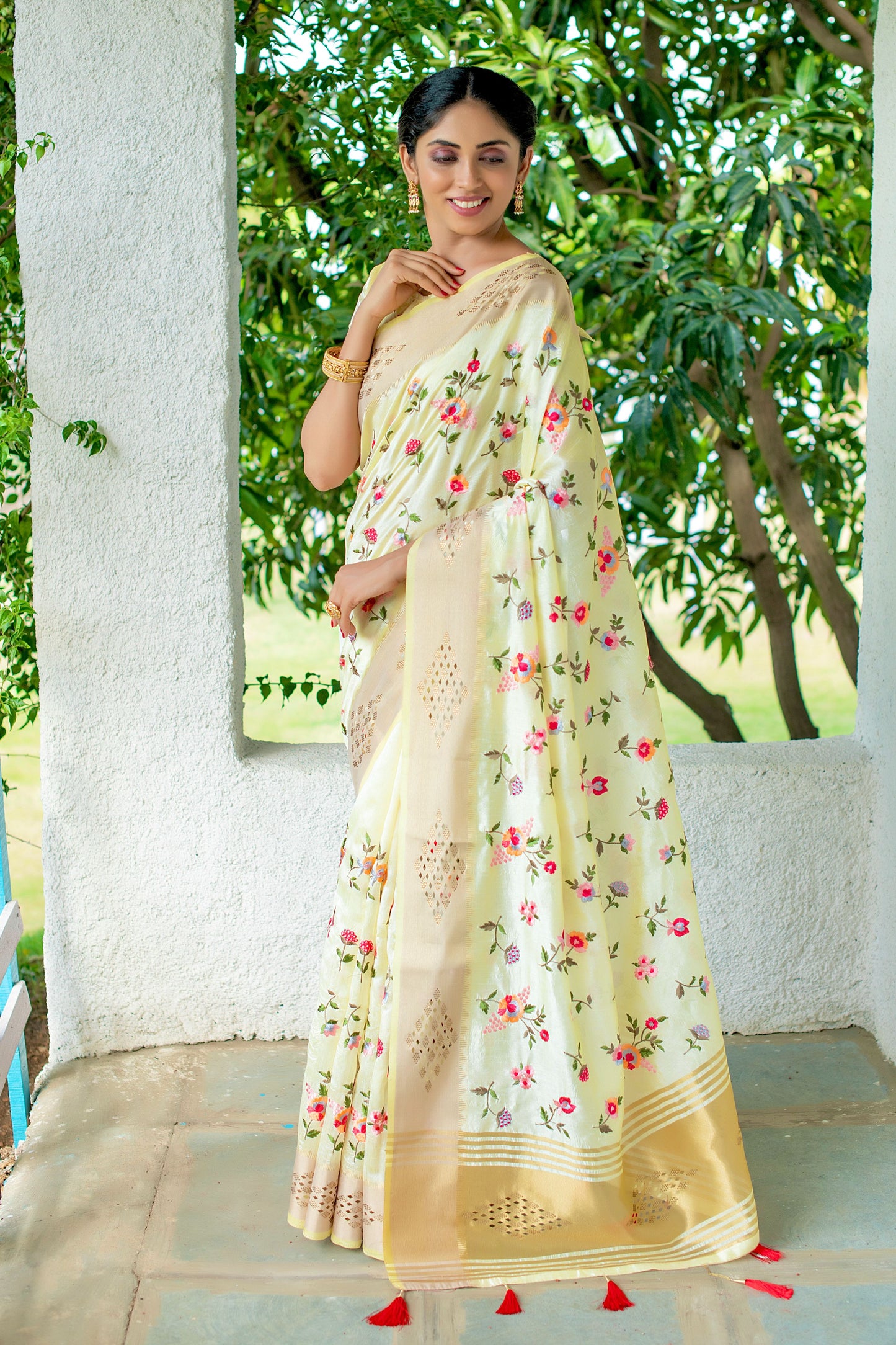 Light Yellow Mysore Silk Saree With Swarovski Diamond
