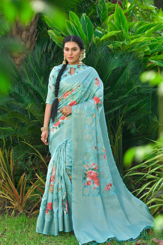 Beautiful Zari Woven With Rose Print Saree