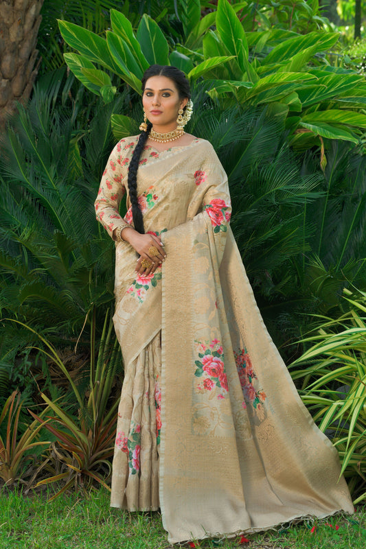 Beautiful Zari Woven With Rose Print Saree
