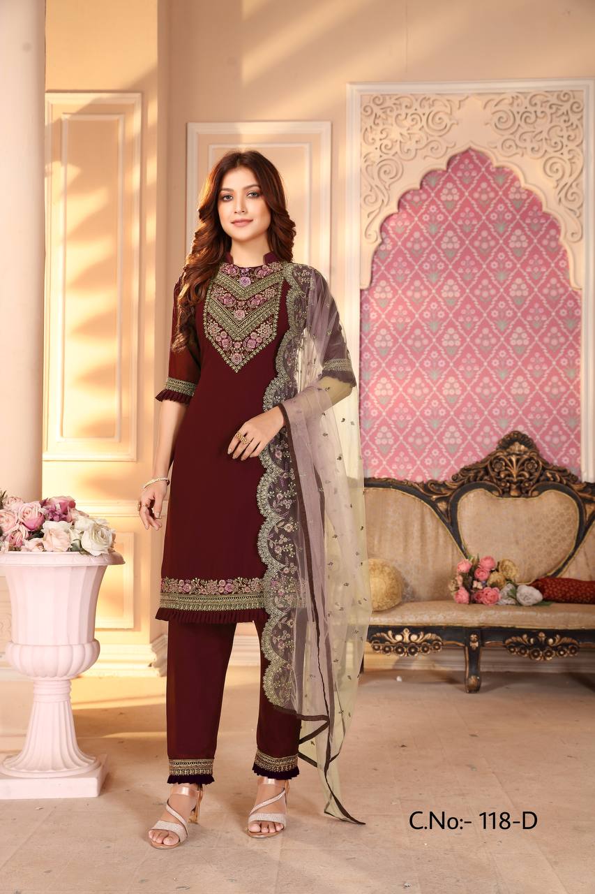 Maroon faux Georgette plzoo suit