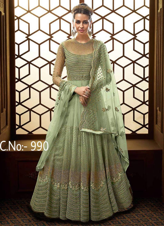 Japan Satin Semi Stitched Embroidery work Green dress