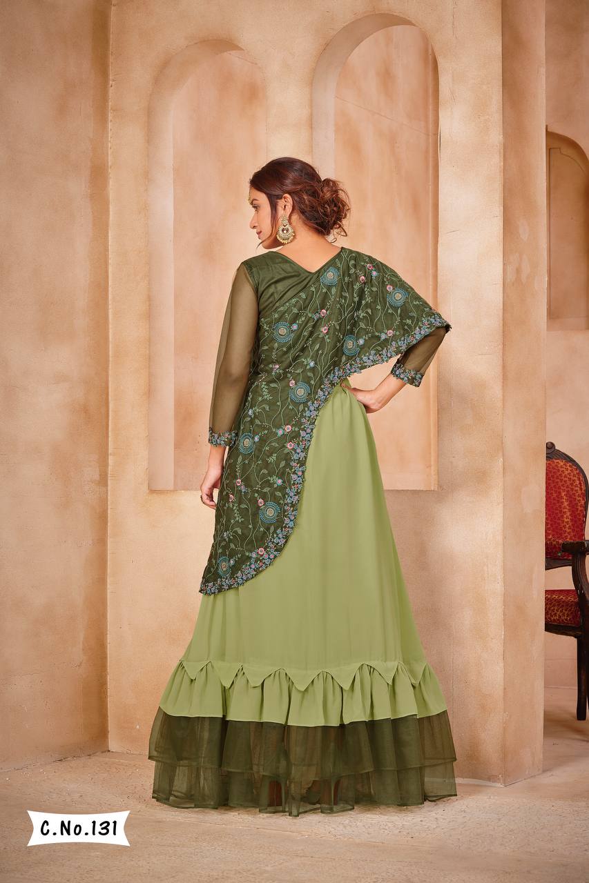 Faux Georgette semi stitched green lengha