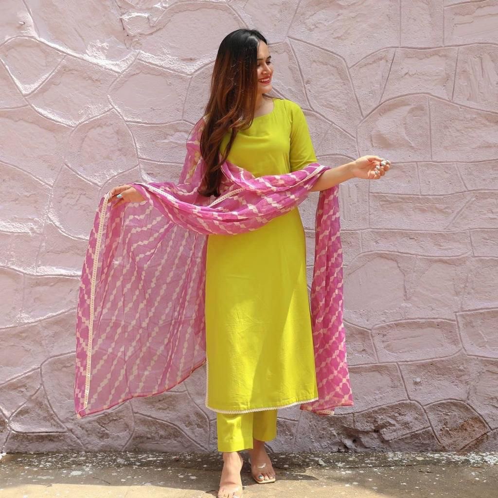Lemon Yellow Straight Kurta And Pant With Dupatta