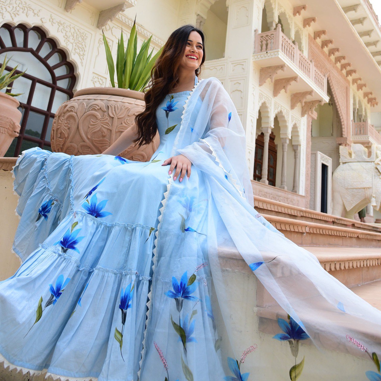 Blue Cotton Printed Maxi Gown With Dupatta
