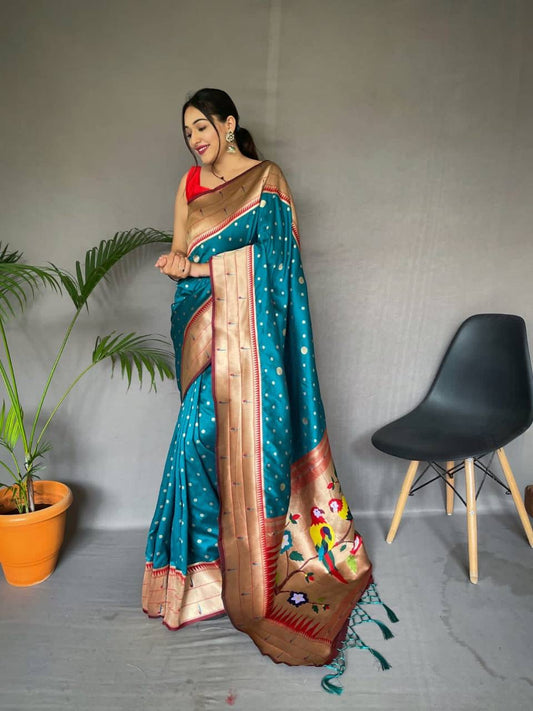 Teal Pure Polka Paithani Silk Saree