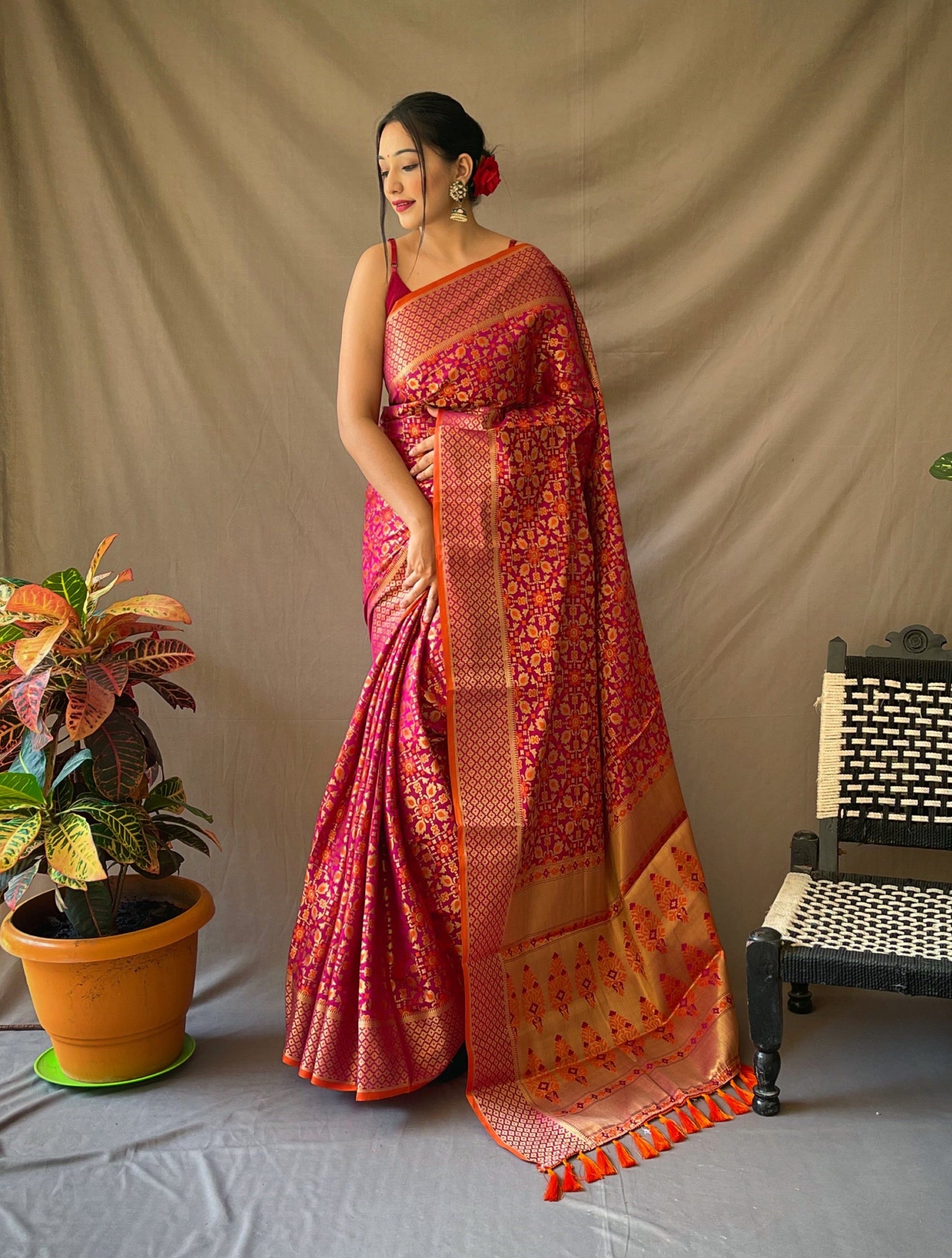 Pink Gold Zari And Meenakari Patola Sarees