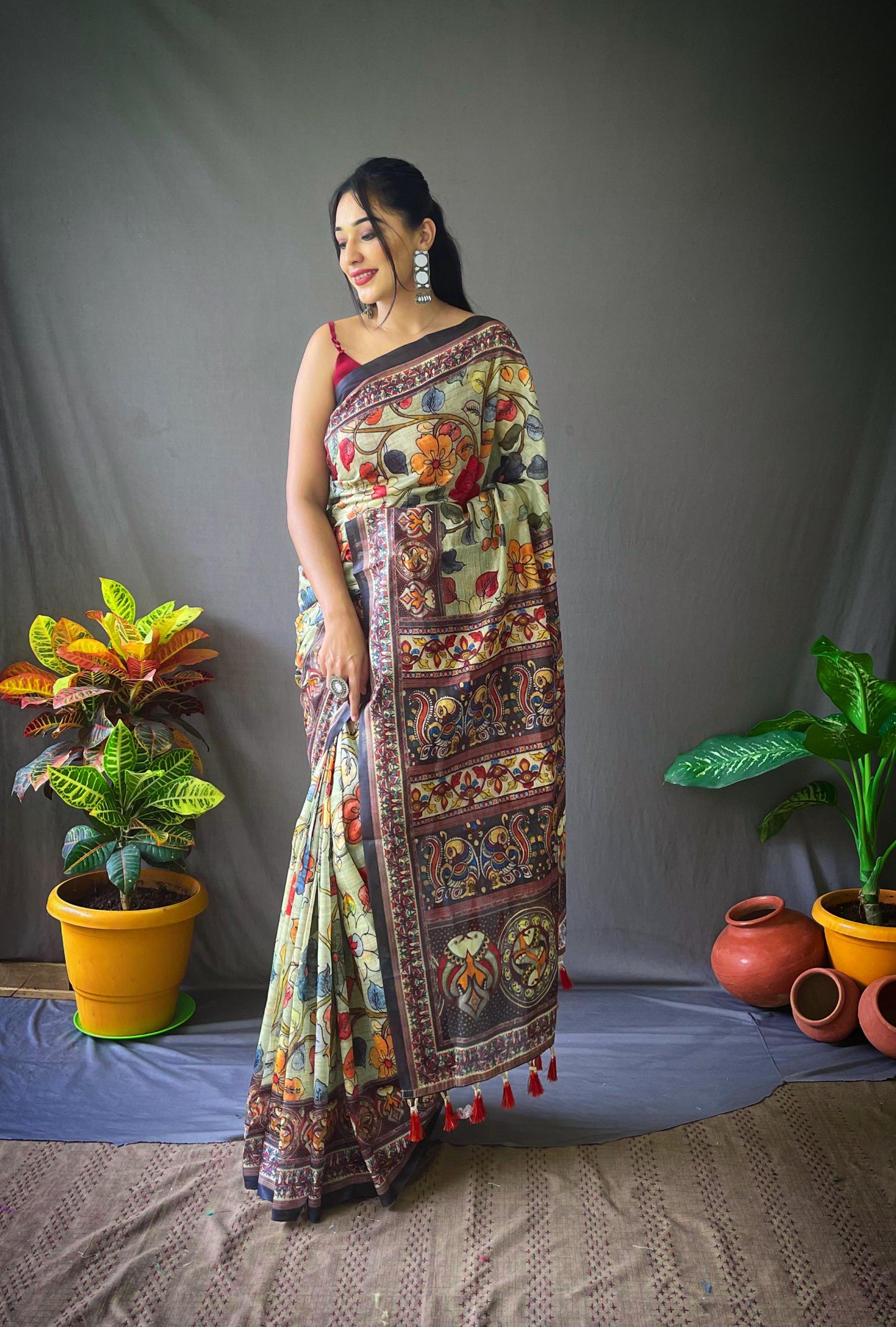 Yellow Cotton Sarees With Kalamkari Digital Printed
