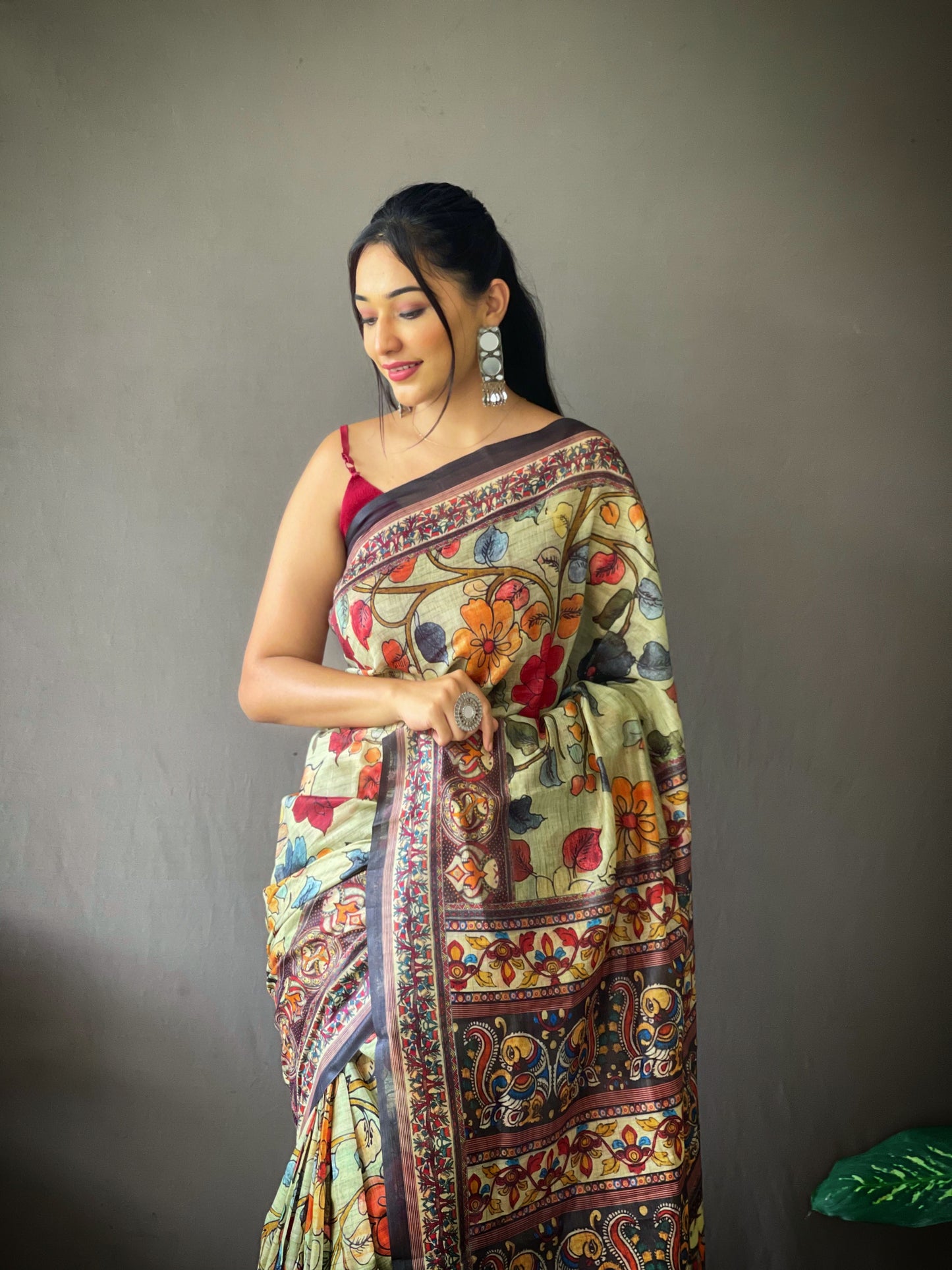 Yellow Cotton Sarees With Kalamkari Digital Printed