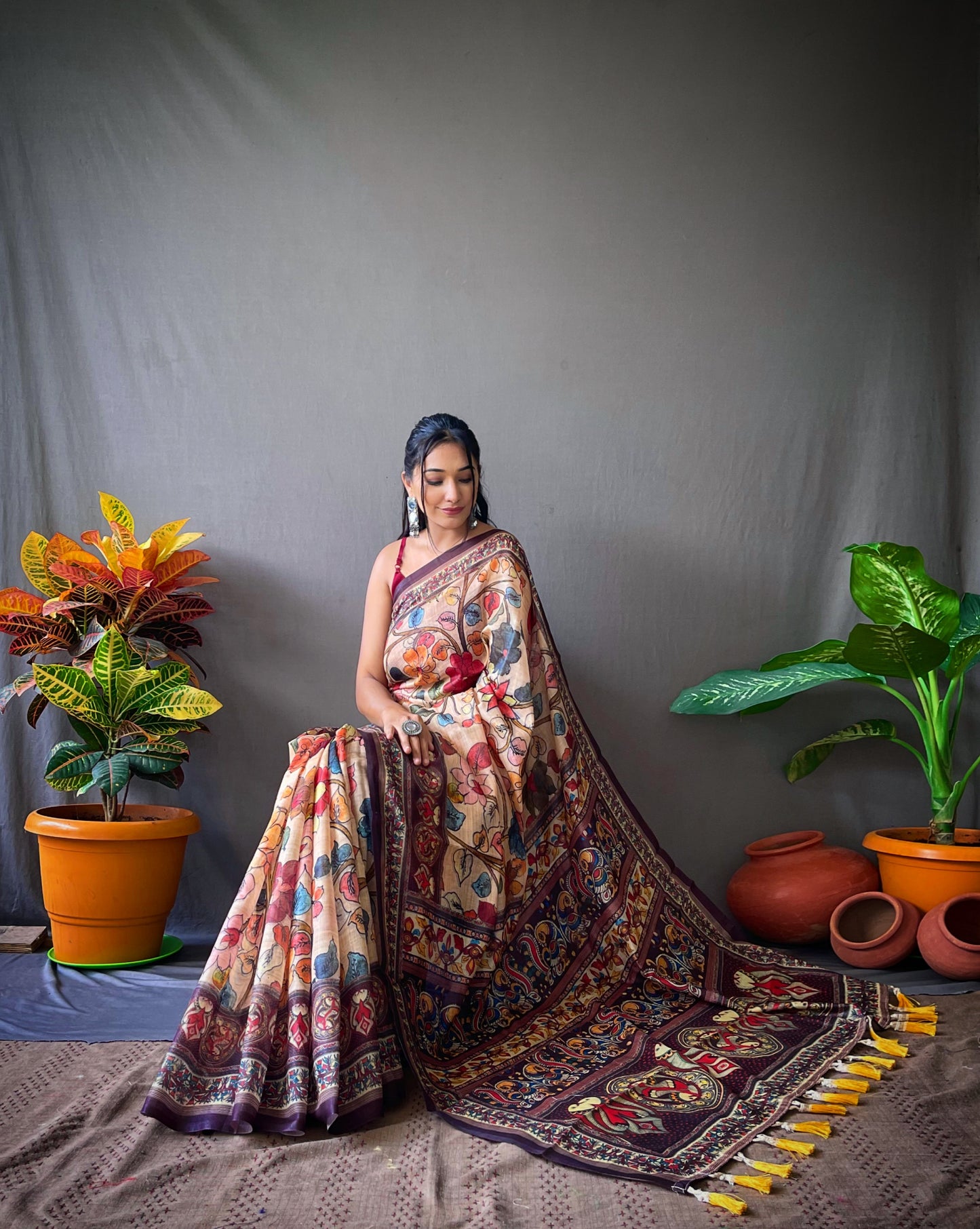 Peach Cotton Sarees With Kalamkari Digital Printed