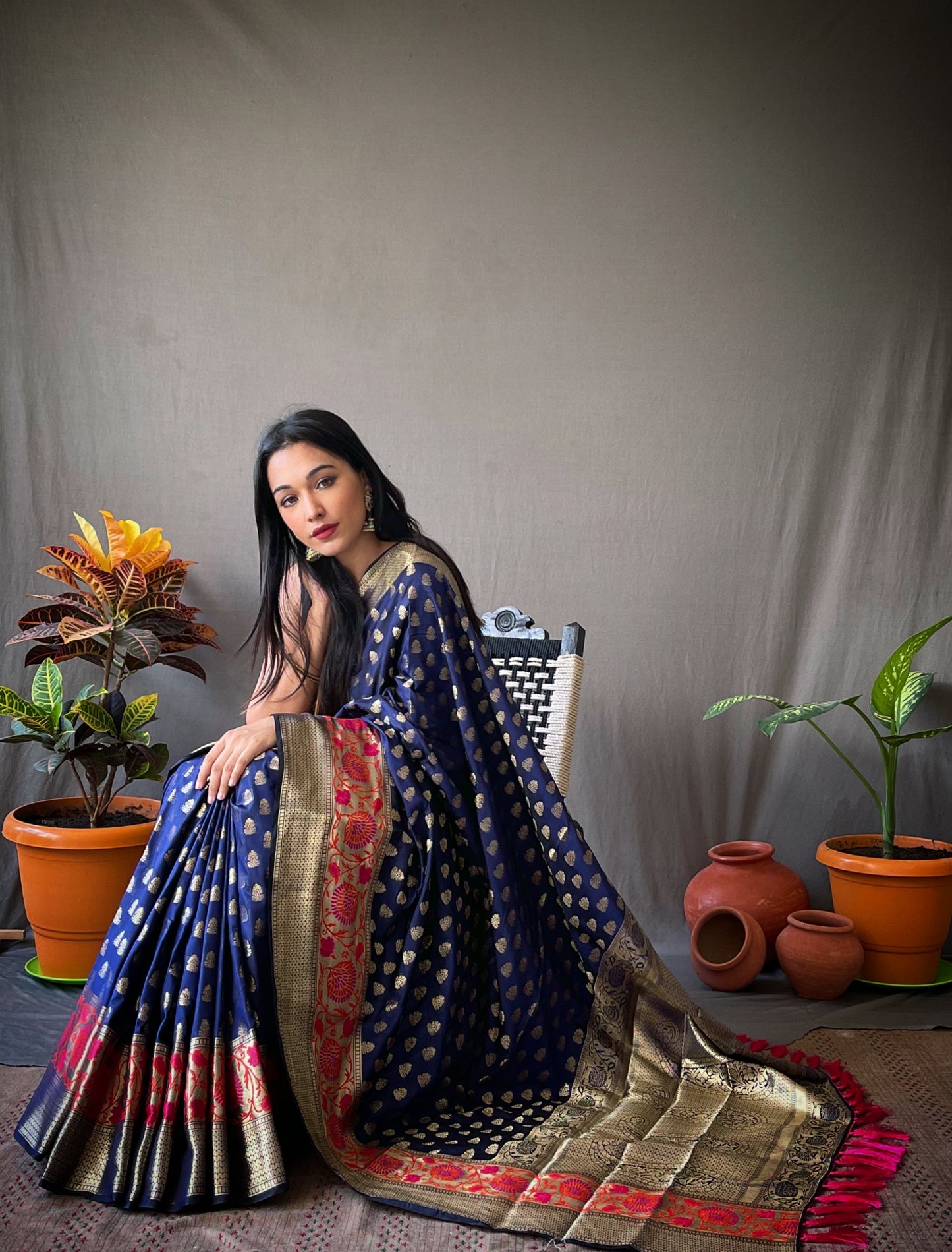 Blue Banarasi Silk Sarees With Gold Zari Weaving