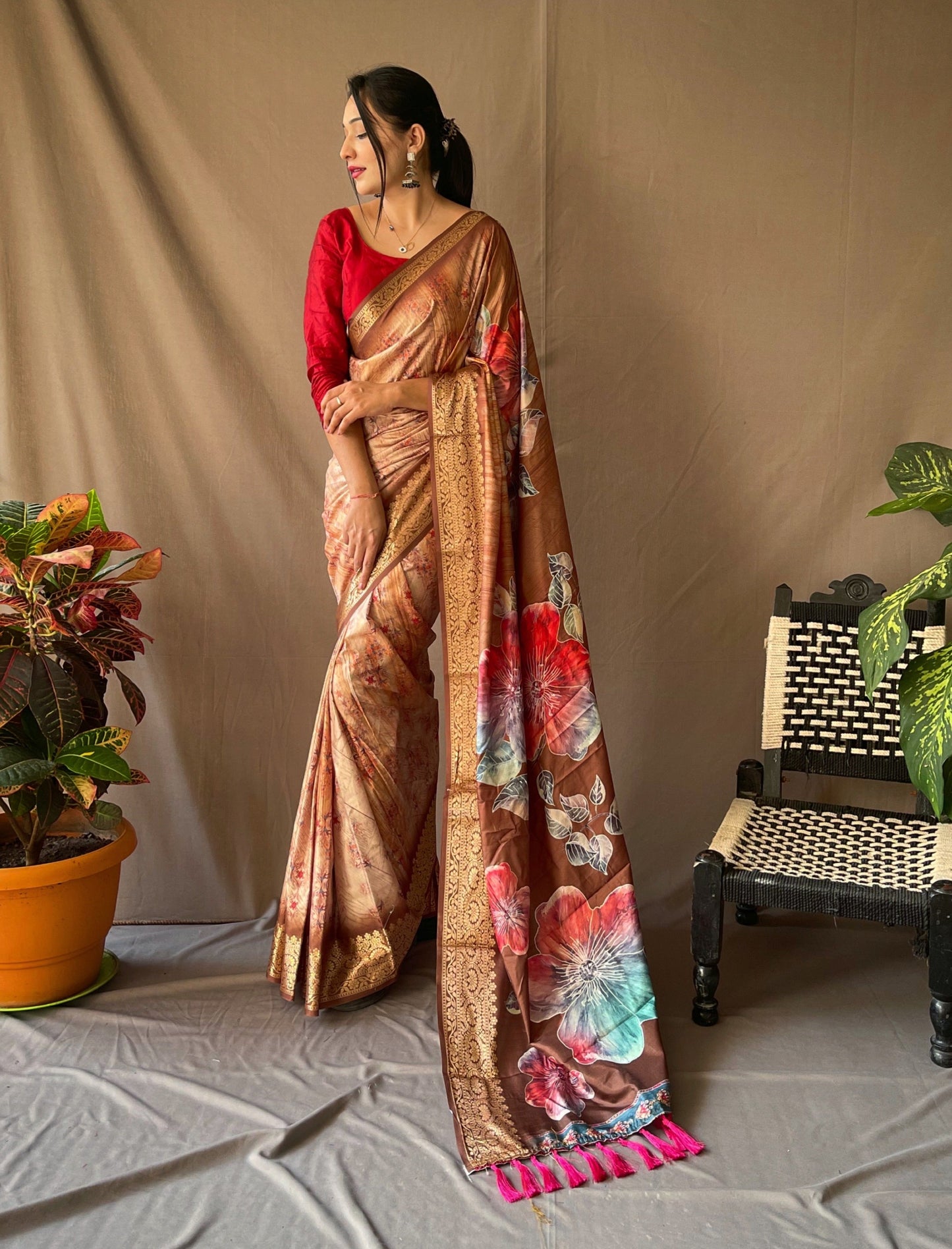 Brown Dola Silk Digital Printed Sarees