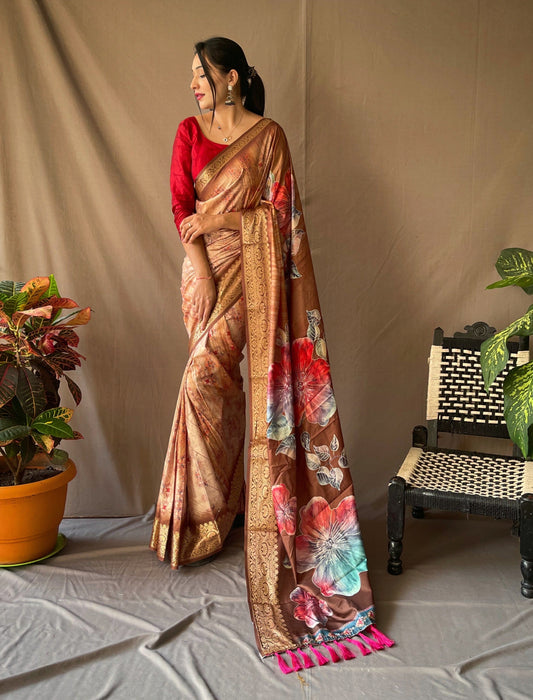 Brown Dola Silk Digital Printed Sarees