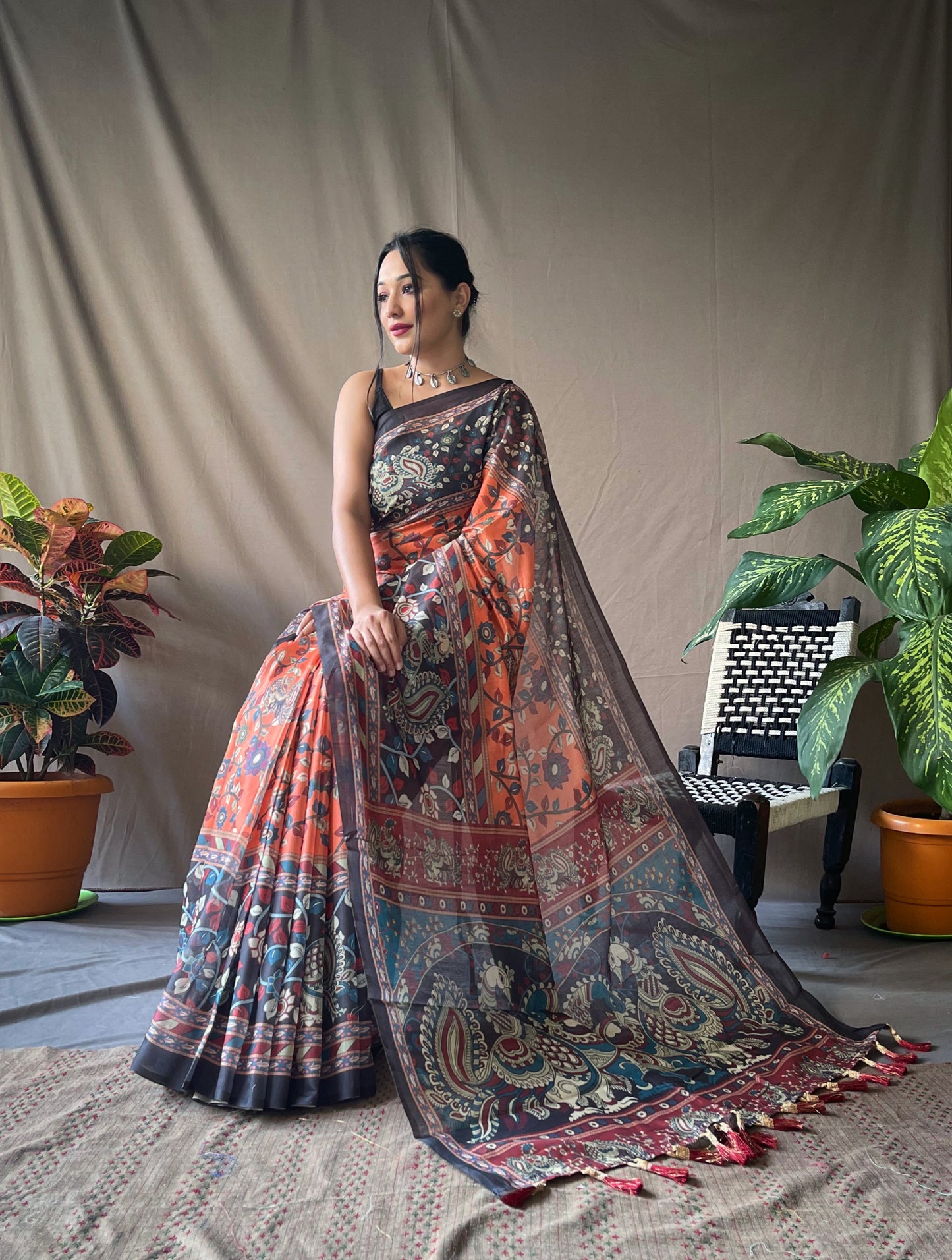 Orange Cotton Sarees With Kalamkari Digital Printed