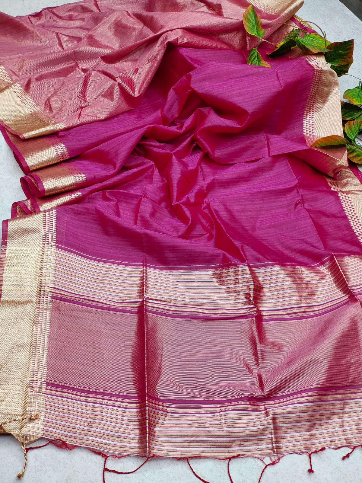 Pink Tassar Silk Saree With Jhalar