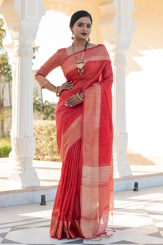 Red Tassar Silk Saree With Jhalar