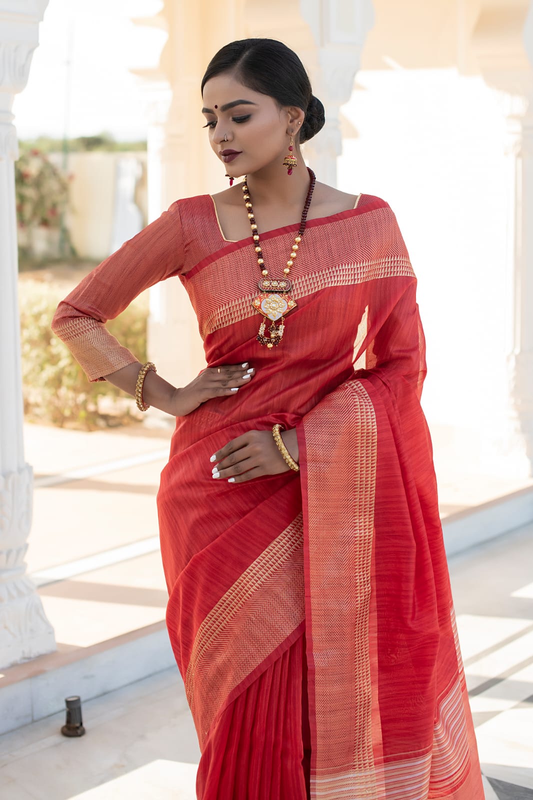 Red Tassar Silk Saree With Jhalar