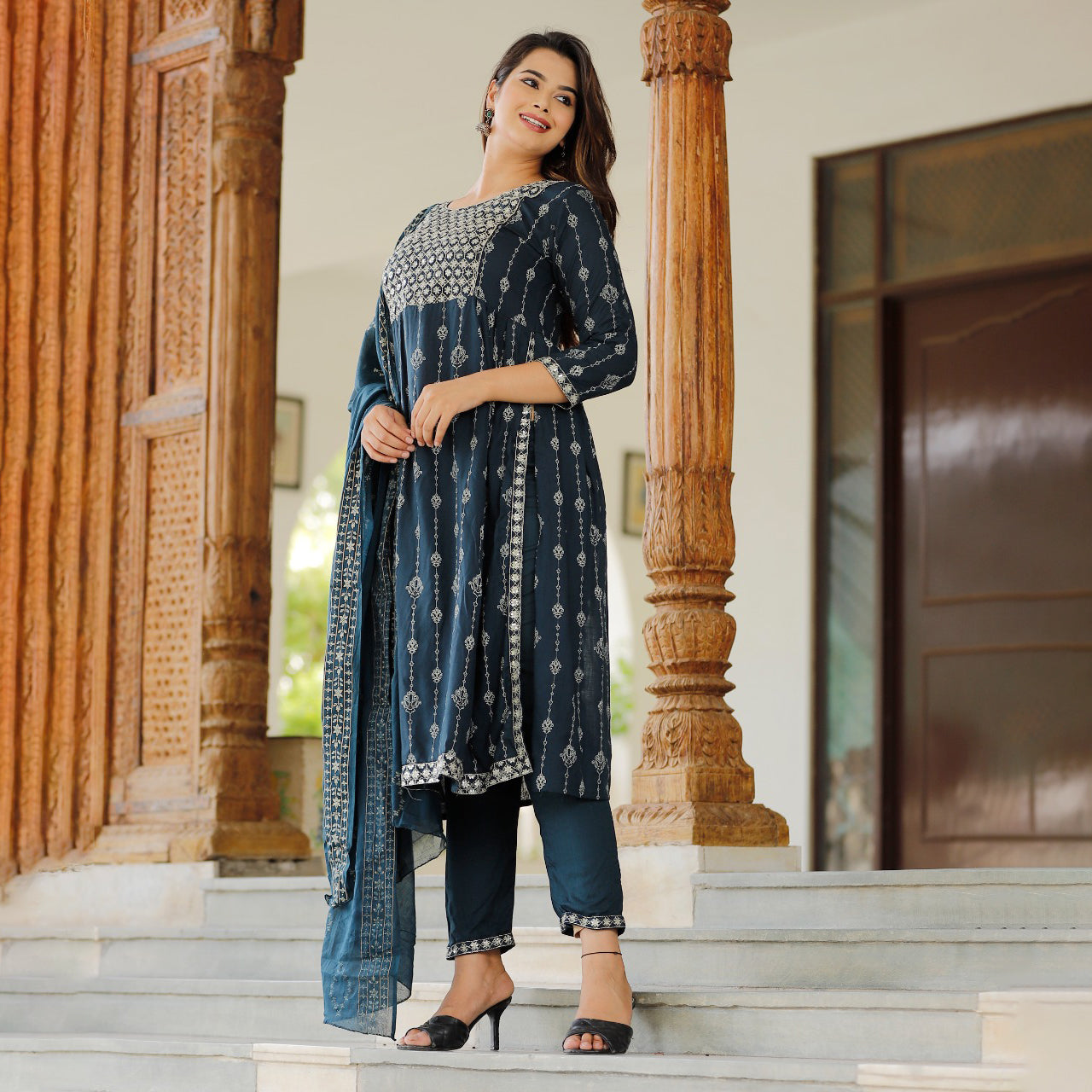 Rayon Fine Print With Sequence & handworked Kurta Set