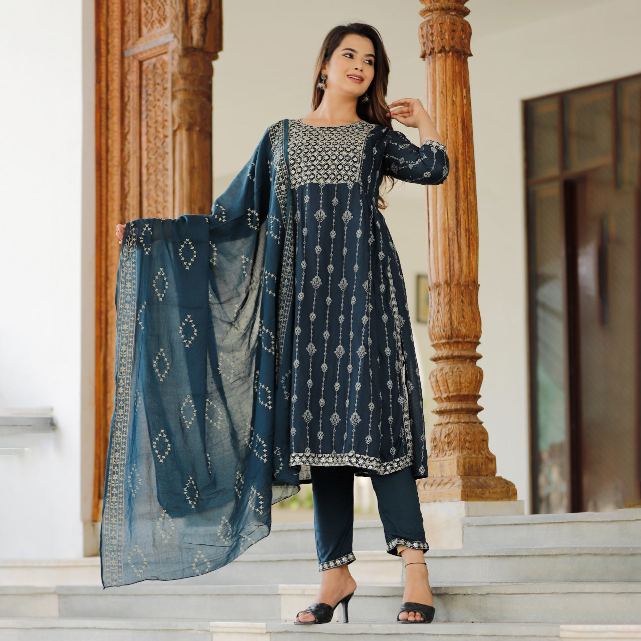 Rayon Fine Print With Sequence & handworked Kurta Set