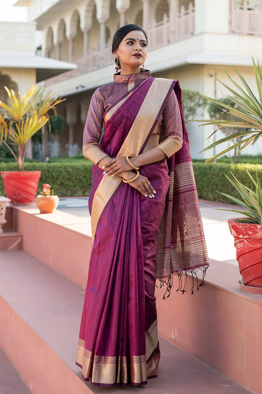 Wine Tassar Silk Saree With Jhalar