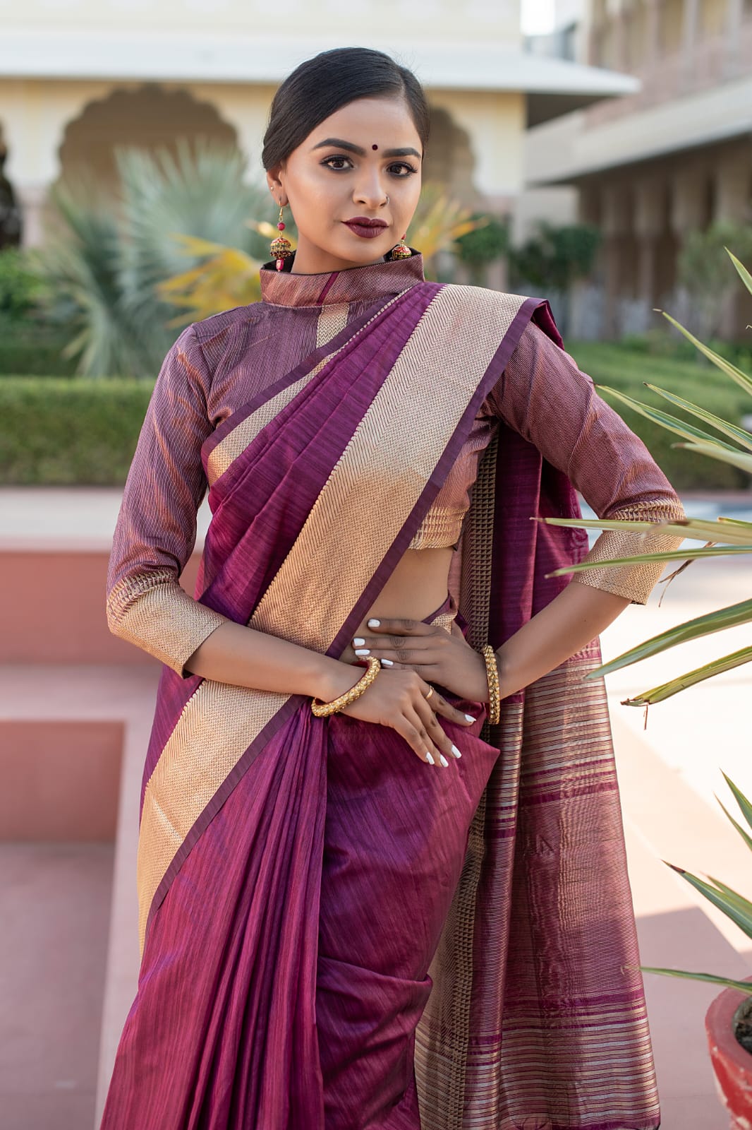 Wine Tassar Silk Saree With Jhalar
