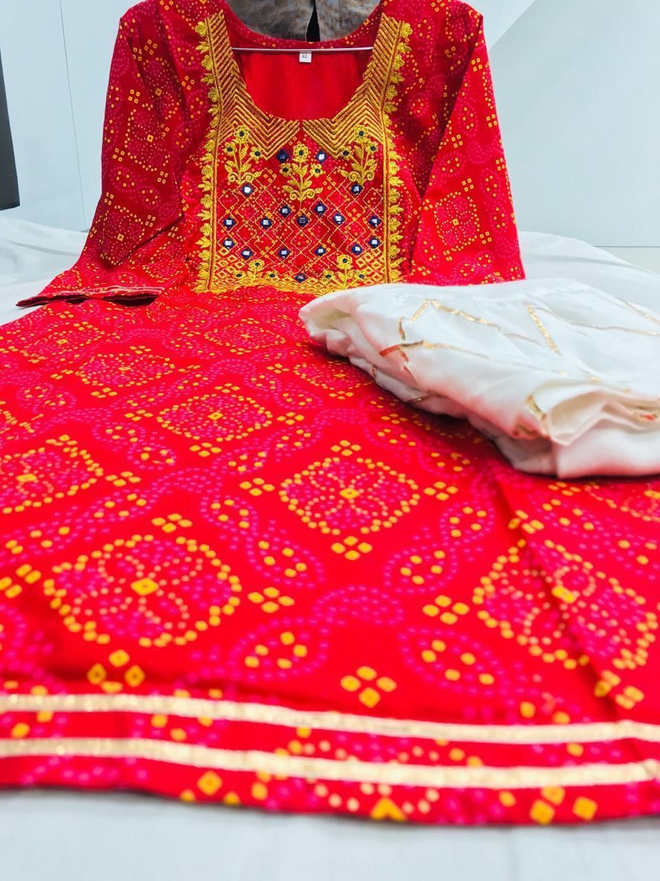 Red Mirror Work Kurta With Sharara Set