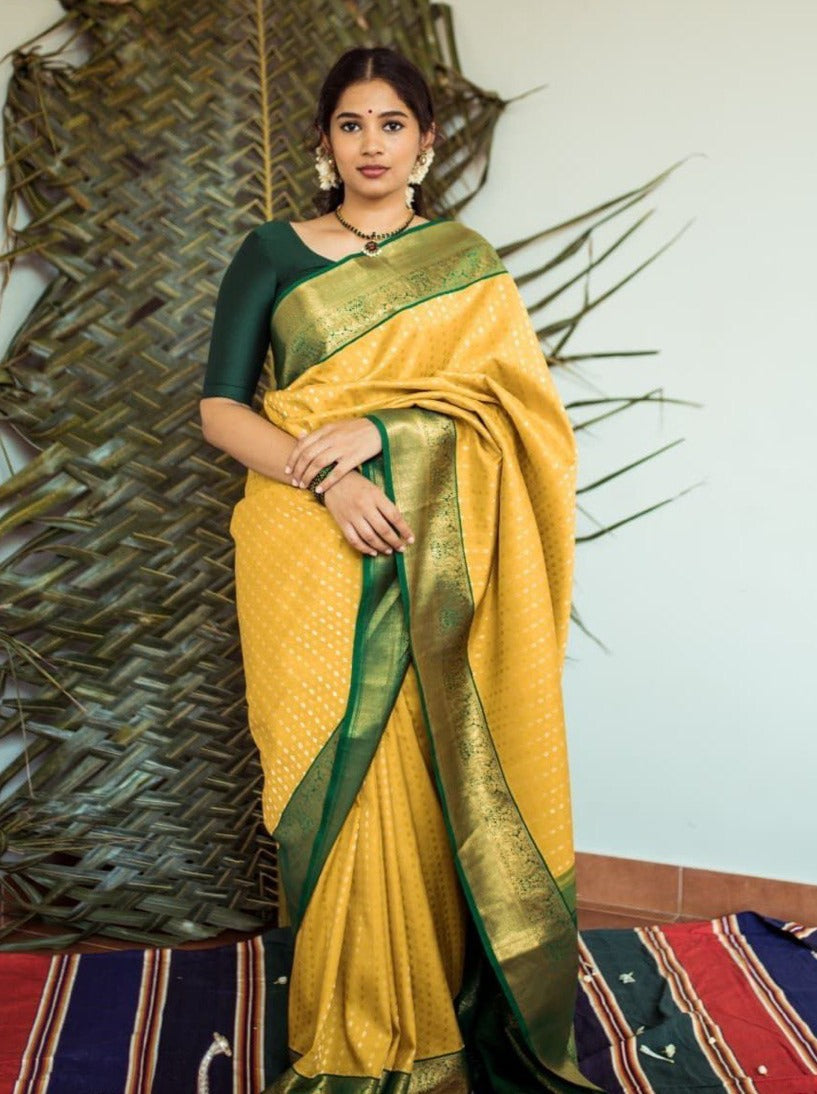 Yellow Pattu Saree With All Over Butties