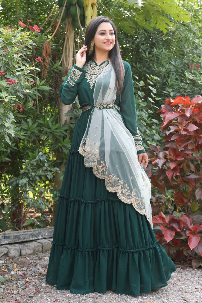 Green Nack Embroidered Anarkali Gown With Heavy Dupatta