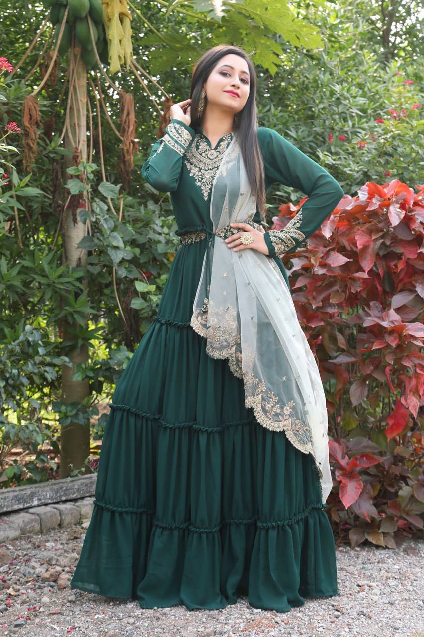 Green Nack Embroidered Anarkali Gown With Heavy Dupatta