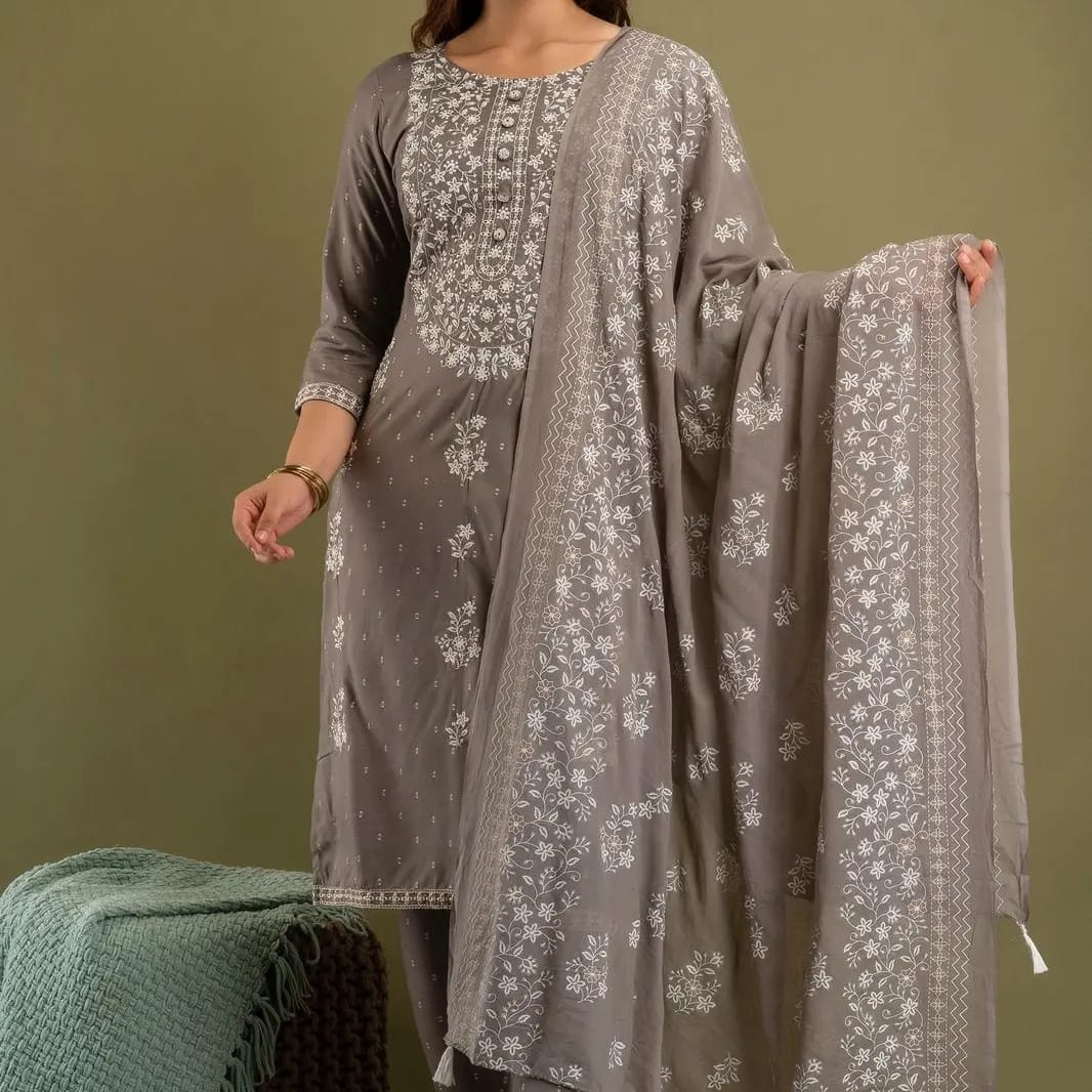 Brown Viscose Rayon Embroidered Kurta Set