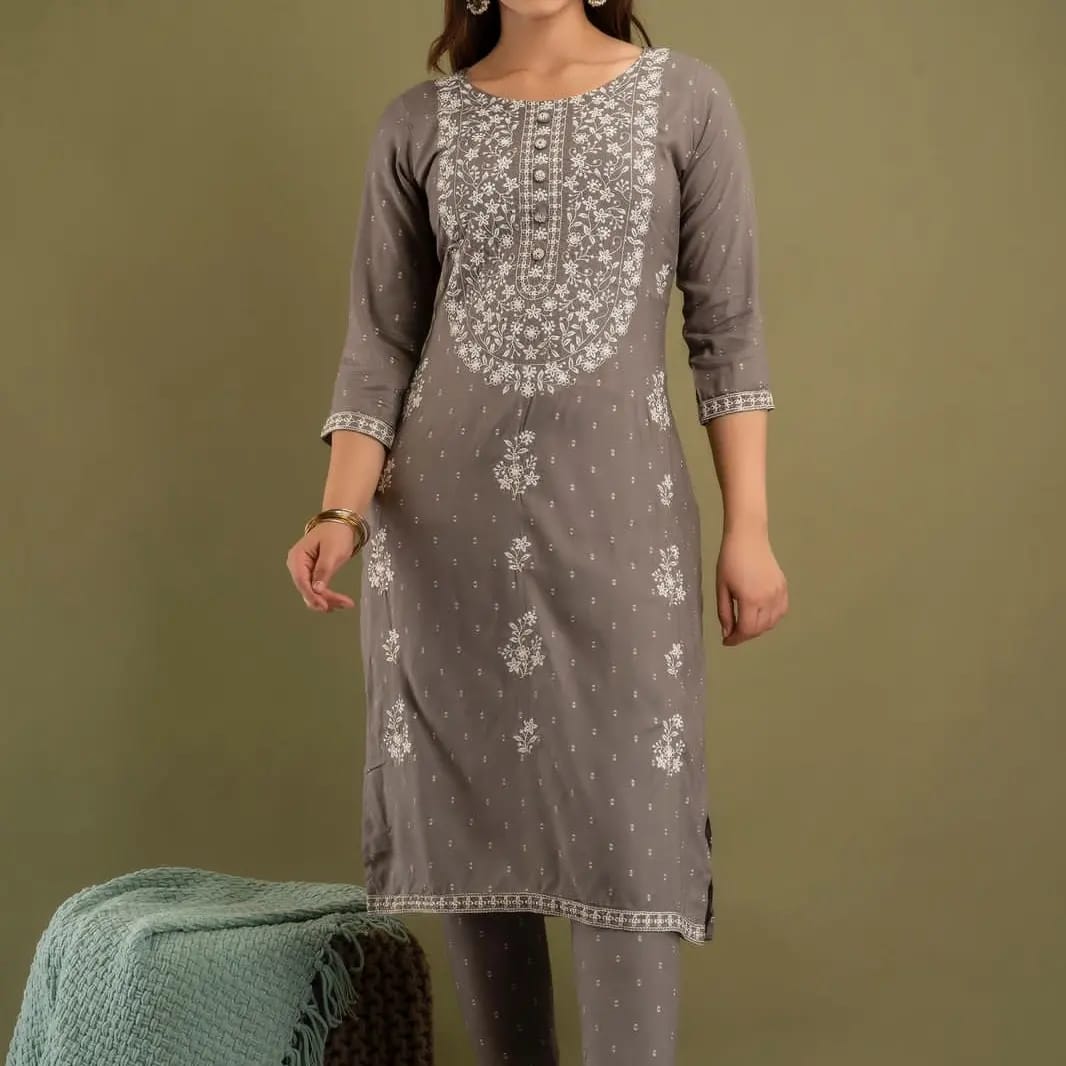 Brown Viscose Rayon Embroidered Kurta Set