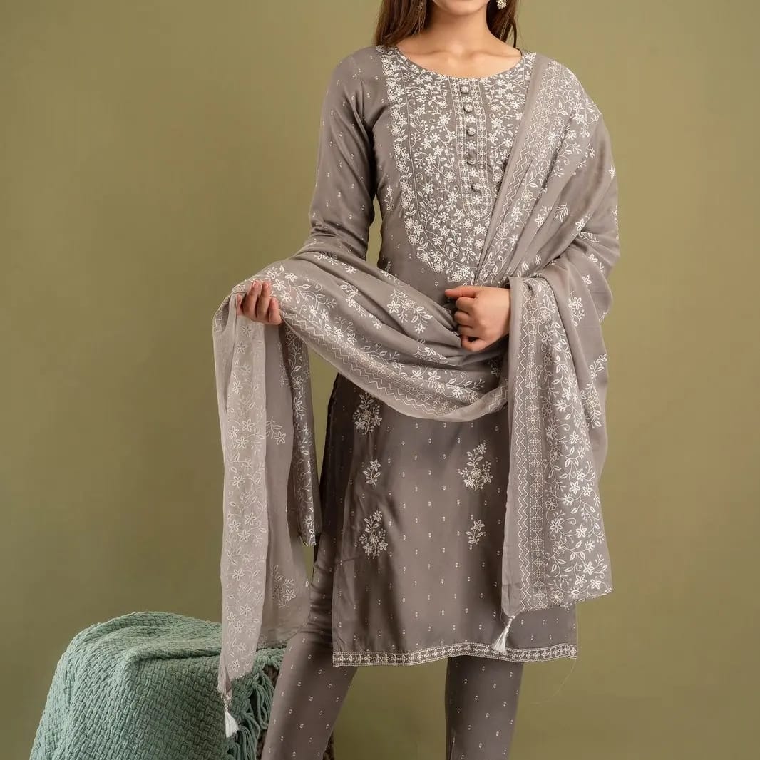 Brown Viscose Rayon Embroidered Kurta Set