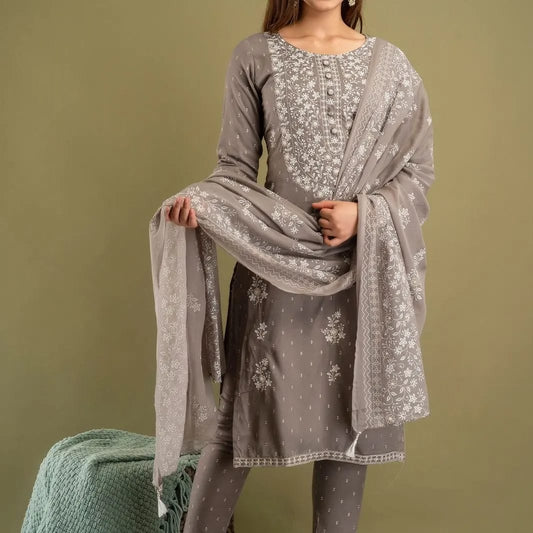 Brown Viscose Rayon Embroidered Kurta Set