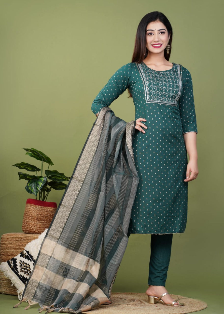 Pure Cotton Kurti With Heavy Thread work And Banarasi Dupatta