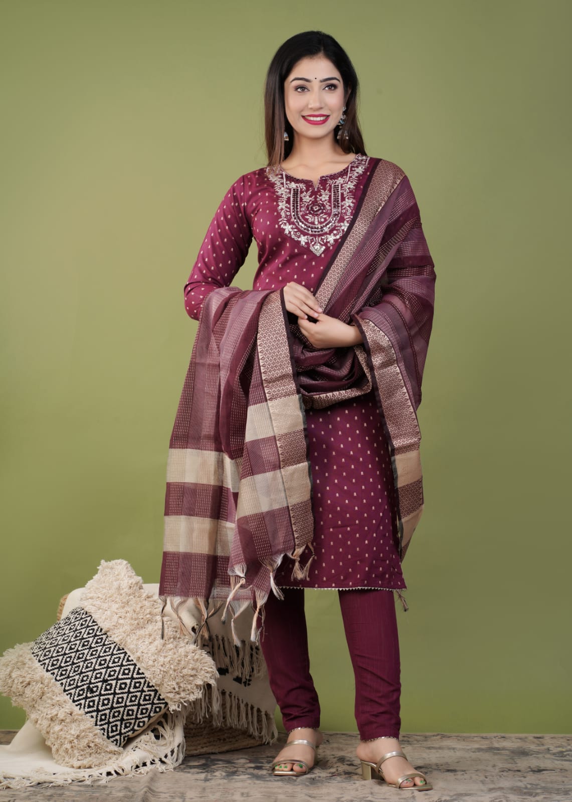 Pure Cotton Kurti With Heavy Thread work And Banarasi Dupatta