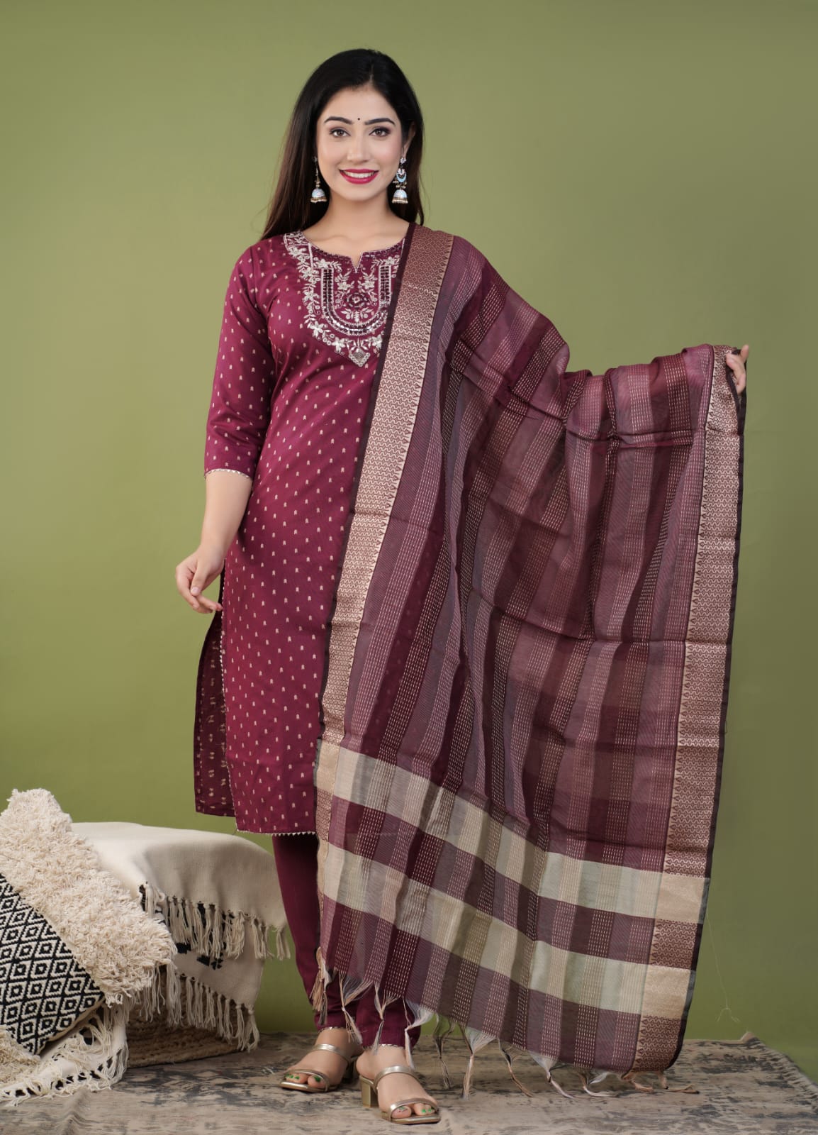 Pure Cotton Kurti With Heavy Thread work And Banarasi Dupatta