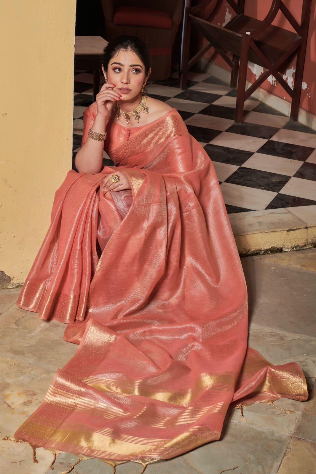 Maheshwari Tissue Silk Weaving Pink Colour Saree