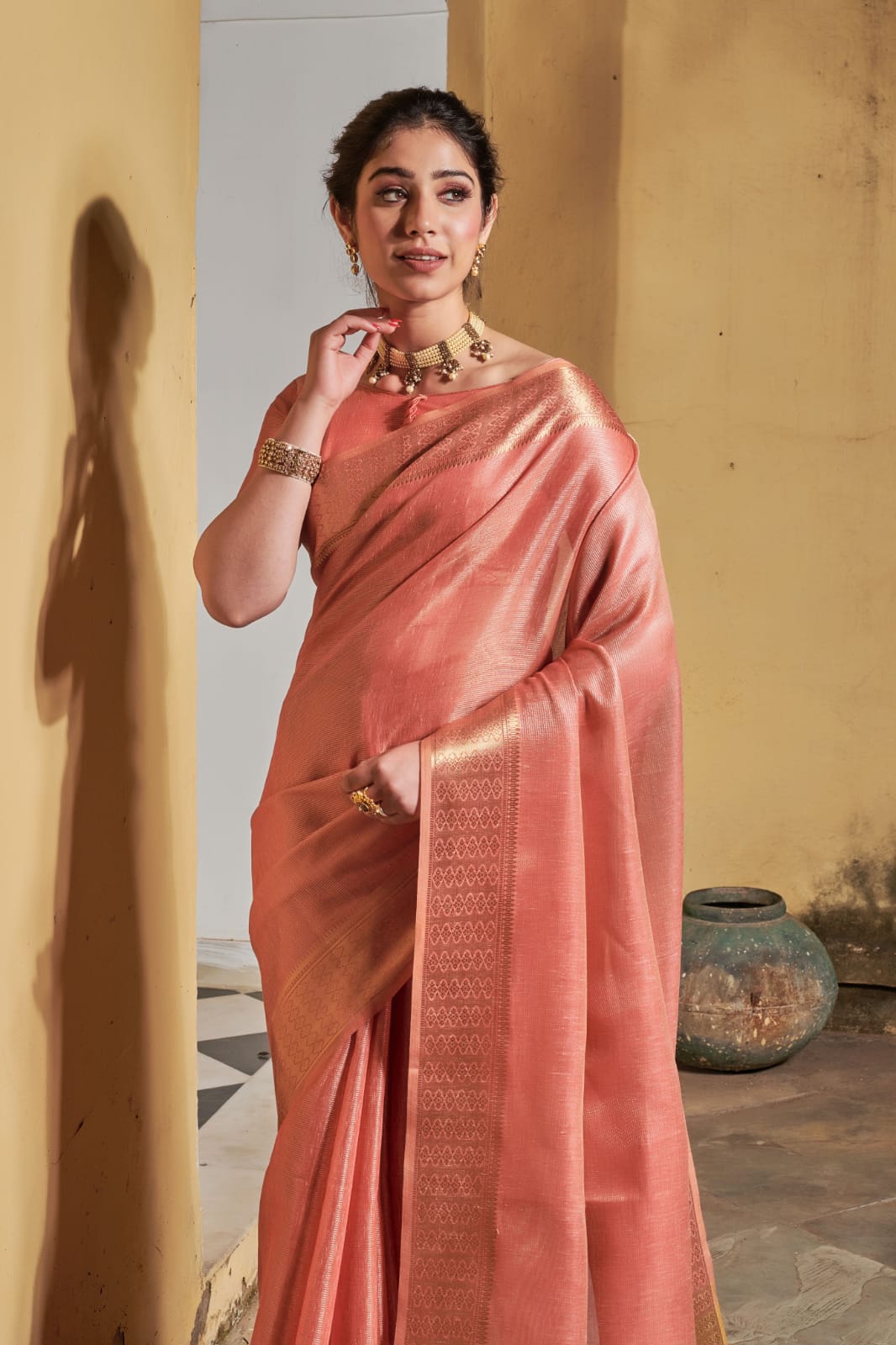 Maheshwari Tissue Silk Weaving Pink Colour Saree